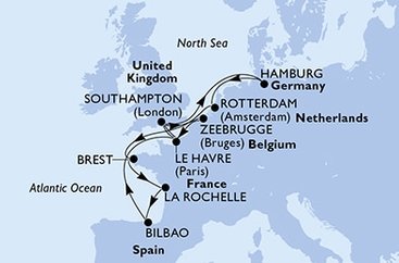 Belgie, Francie, Velká Británie, Německo, Nizozemsko, Španělsko ze Zeebrugge na lodi MSC Euribia