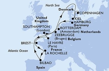 Německo, Nizozemsko, Francie, Španělsko, Velká Británie, Belgie, Dánsko z Hamburku na lodi MSC Euribia