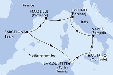 Itálie, Francie, Španělsko, Tunisko z Palerma na lodi MSC Grandiosa