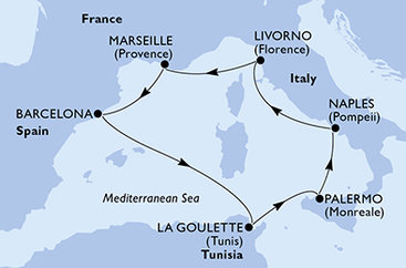 Španělsko, Tunisko, Itálie, Francie z Barcelony na lodi MSC Grandiosa