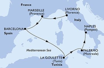 Itálie, Francie, Španělsko, Tunisko z Livorna na lodi MSC Grandiosa
