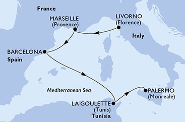 Itálie, Francie, Španělsko, Tunisko z Livorna na lodi MSC Grandiosa