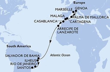 Francie, Itálie, Španělsko, Maroko, Brazílie z Marseille na lodi MSC Seaview