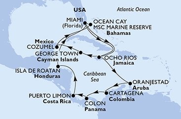 USA, Jamajka, Kajmanské ostrovy, Mexiko, Bahamy, Aruba, Kolumbie, Panama, Kostarika, Honduras z Miami na lodi MSC Divina