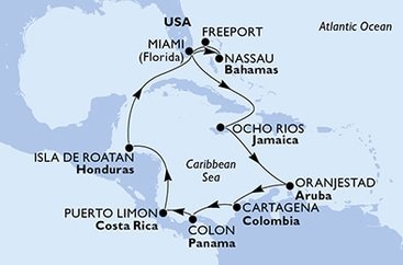 USA, Jamajka, Aruba, Kolumbie, Panama, Kostarika, Honduras, Bahamy z Miami na lodi MSC Divina