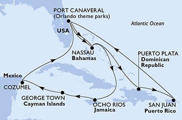 USA, Bahamy, Jamajka, Kajmanské ostrovy, Mexiko, Dominikánská republika z Port Canaveralu na lodi MSC Seashore