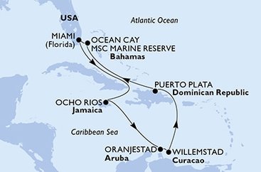 USA, Jamajka, Aruba, Curacao, Dominikánská republika, Bahamy z Miami na lodi MSC Divina