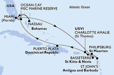 USA, Svatý Kryštof a Nevis, Svatý Martin, Antigua a Barbuda, Dominikánská republika, Bahamy z Miami na lodi MSC Divina