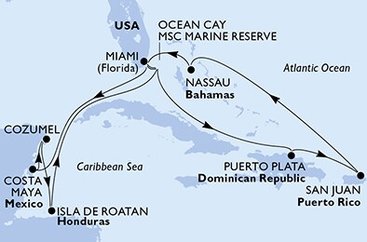 USA, Bahamy, Dominikánská republika, Mexiko, Honduras z Miami na lodi MSC Seaside