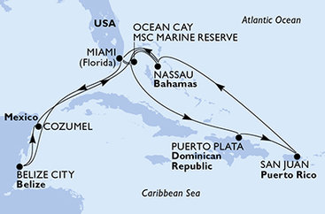 USA, Belize, Mexiko, Bahamy, Dominikánská republika z Miami na lodi MSC Seaside