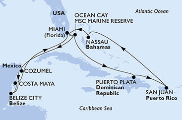 USA, Bahamy, Mexiko, Belize, Dominikánská republika z Miami na lodi MSC Seaside
