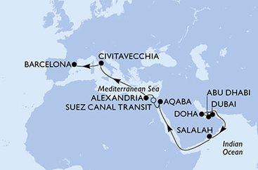 Spojené arabské emiráty, Katar, Omán, Jordánsko, Egypt, Itálie, Španělsko z Dubaje na lodi MSC Euribia