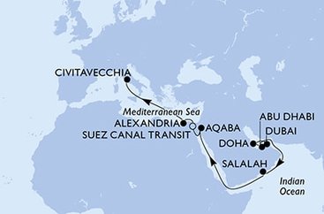 Spojené arabské emiráty, Katar, Omán, Jordánsko, Egypt, Itálie z Dubaje na lodi MSC Euribia