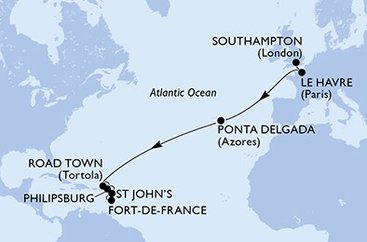 Velká Británie, Francie, Portugalsko, Britské Panenské ostrovy, Svatý Martin, Antigua a Barbuda, Martinik ze Southamptonu na lodi MSC Virtuosa