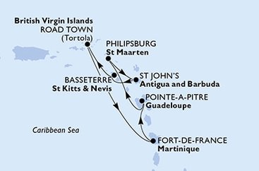 Martinik, Guadeloupe, Svatý Martin, Antigua a Barbuda, Svatý Kryštof a Nevis, Britské Panenské ostrovy z Fort-de-France, Martinik na lodi MSC Virtuosa