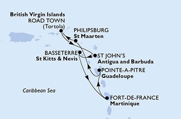 Martinik, Guadeloupe, Svatý Martin, Britské Panenské ostrovy, Antigua a Barbuda, Svatý Kryštof a Nevis z Fort-de-France, Martinik na lodi MSC Virtuosa