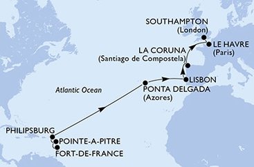Martinik, Guadeloupe, Svatý Martin, Portugalsko, Španělsko, Francie, Velká Británie z Fort-de-France, Martinik na lodi MSC Virtuosa