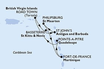 Martinik, Guadeloupe, Britské Panenské ostrovy, Svatý Kryštof a Nevis, Antigua a Barbuda, Svatý Martin z Fort-de-France, Martinik na lodi MSC Virtuosa