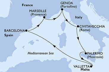 Itálie, Malta, Španělsko, Francie z Civitavecchia na lodi MSC World Europa