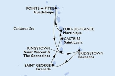 Guadeloupe, Svatý Vincenc a Grenadiny, Barbados, Grenada, Svatá Lucie, Martinik z Pointe-à-Pitre, Guadeloupe na lodi MSC Virtuosa