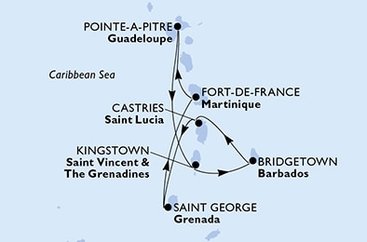 Guadeloupe, Svatý Vincenc a Grenadiny, Barbados, Svatá Lucie, Grenada, Martinik z Pointe-à-Pitre, Guadeloupe na lodi MSC Virtuosa