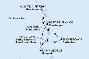 Guadeloupe, Svatá Lucie, Barbados, Svatý Vincenc a Grenadiny, Grenada, Martinik z Pointe-à-Pitre, Guadeloupe na lodi MSC Virtuosa