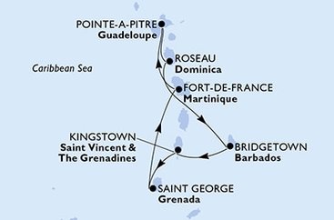 Guadeloupe, Dominika, Barbados, Svatý Vincenc a Grenadiny, Grenada, Martinik z Pointe-à-Pitre, Guadeloupe na lodi MSC Virtuosa