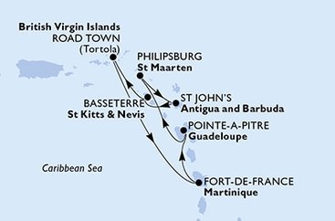 Guadeloupe, Svatý Martin, Antigua a Barbuda, Svatý Kryštof a Nevis, Britské Panenské ostrovy, Martinik z Pointe-à-Pitre, Guadeloupe na lodi MSC Virtuosa