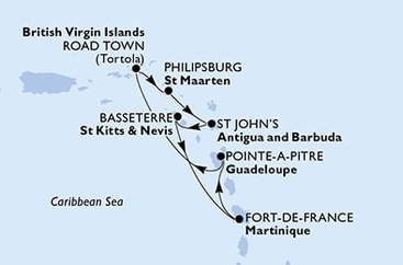Guadeloupe, Britské Panenské ostrovy, Svatý Martin, Antigua a Barbuda, Svatý Kryštof a Nevis, Martinik z Pointe-à-Pitre, Guadeloupe na lodi MSC Virtuosa