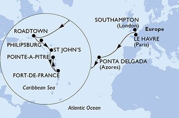 Velká Británie, Francie, Portugalsko, Britské Panenské ostrovy, Svatý Martin, Antigua a Barbuda, Martinik, Guadeloupe ze Southamptonu na lodi MSC Virtuosa