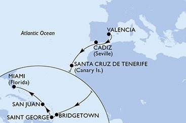 Španělsko, Barbados, Grenada, USA z Valencie na lodi MSC Seaside