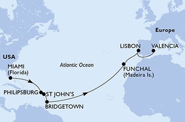 USA, Svatý Martin, Antigua a Barbuda, Barbados, Portugalsko, Španělsko z Miami na lodi MSC Seaside
