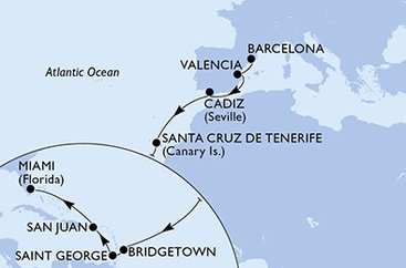 Španělsko, Barbados, Grenada, USA z Barcelony na lodi MSC Seaside