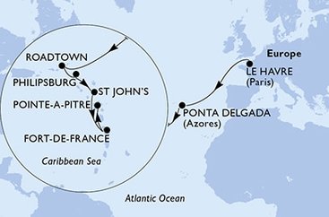 Francie, Portugalsko, Britské Panenské ostrovy, Svatý Martin, Antigua a Barbuda, Martinik, Guadeloupe z Le Havru na lodi MSC Virtuosa