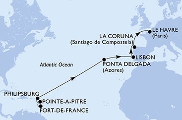Martinik, Guadeloupe, Svatý Martin, Portugalsko, Španělsko, Francie z Fort-de-France, Martinik na lodi MSC Virtuosa