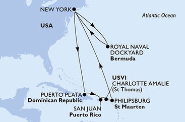 USA, Dominikánská republika, Svatý Martin, Bermudy z New Yorku na lodi MSC Meraviglia