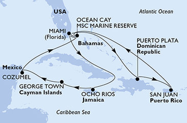 USA, Dominikánská republika, Bahamy, Jamajka, Kajmanské ostrovy, Mexiko z Miami na lodi MSC Seascape