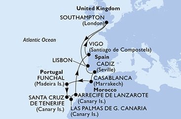 Velká Británie, Portugalsko, Španělsko, Maroko ze Southamptonu na lodi MSC Virtuosa