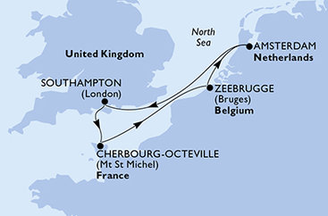 Velká Británie, Francie, Belgie, Nizozemsko ze Southamptonu na lodi MSC Virtuosa