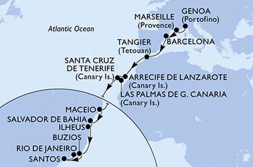 Itálie, Francie, Španělsko, Maroko, Brazílie z Janova na lodi MSC Orchestra