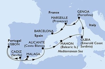 Španělsko, Portugalsko, Itálie, Francie z Málagy na lodi MSC Orchestra