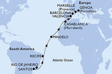 Brazílie, Kapverdy, Maroko, Španělsko, Francie, Itálie z Rio de Janeira na lodi MSC Orchestra