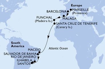 Francie, Španělsko, Portugalsko, Brazílie z Marseille na lodi MSC Grandiosa