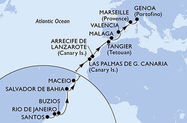 Brazílie, Španělsko, Maroko, Francie, Itálie ze Santosu na lodi MSC Grandiosa