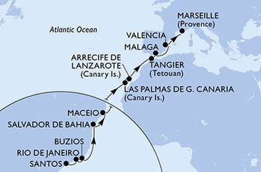 Brazílie, Španělsko, Maroko, Francie ze Santosu na lodi MSC Grandiosa