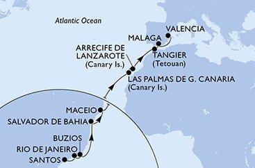 Brazílie, Španělsko, Maroko ze Santosu na lodi MSC Grandiosa
