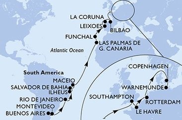 Argentina, Uruguay, Brazílie, Španělsko, Portugalsko, Velká Británie, Francie, Nizozemsko, Dánsko, Německo z Buenos Aires na lodi MSC Poesia