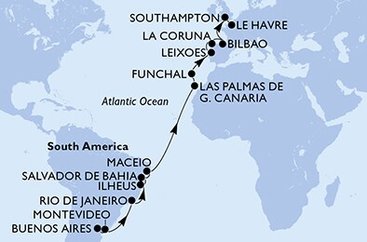 Argentina, Uruguay, Brazílie, Španělsko, Portugalsko, Velká Británie, Francie z Buenos Aires na lodi MSC Poesia