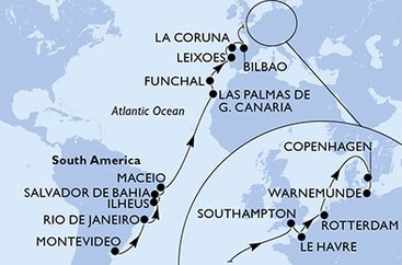 Uruguay, Brazílie, Španělsko, Portugalsko, Velká Británie, Francie, Nizozemsko, Dánsko, Německo z Montevidea na lodi MSC Poesia