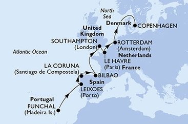 Portugalsko, Španělsko, Velká Británie, Francie, Nizozemsko, Dánsko z Funchalu na lodi MSC Poesia